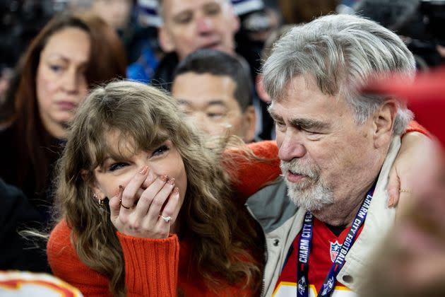 Taylor Swift and Travis Kelce's father, Ed, celebrate Sunday after the Kansas City Chiefs beat the Baltimore Ravens to advance to the Super Bowl.