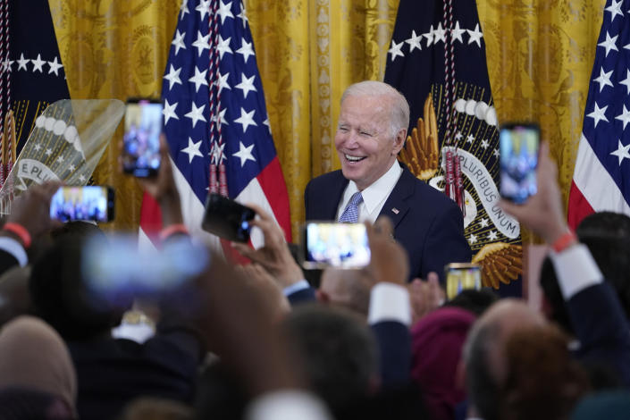 President Joe Biden speaks during a reception to celebrate Eid al-Fitr in the East Room of the White House in Washington, Monday, May 2, 2022. (AP Photo/Susan Walsh)