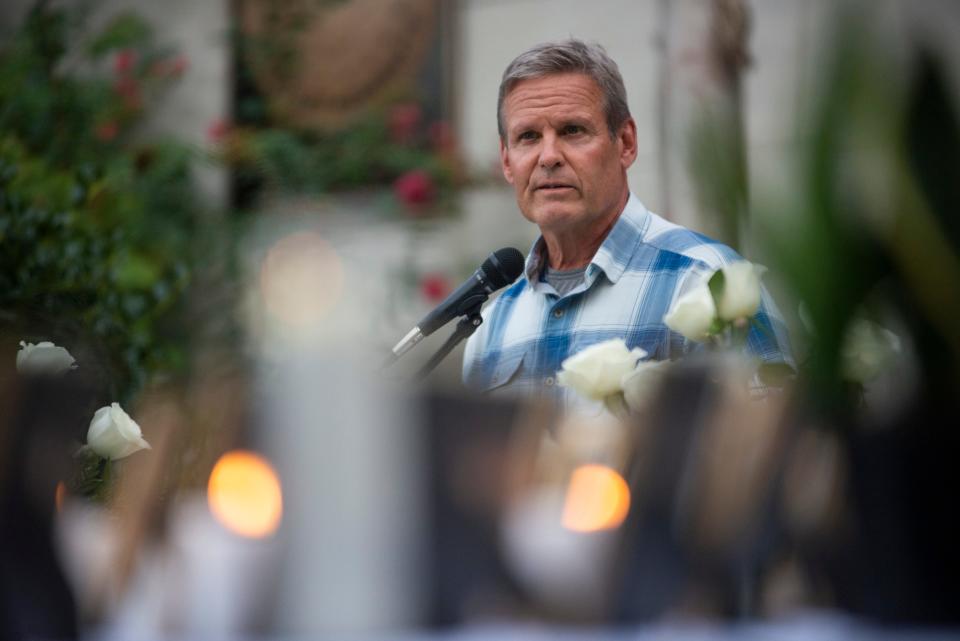 Governor Bill Lee speaks during a candlelight vigil and concert held on Saturday, August 20, 2022, in Waverly, Tenn., in remembrance of the 20 victims who died in the flooding in Humphreys County one year ago. "It's the highest honor I have to be with you. To grieve with you," Lee said.
