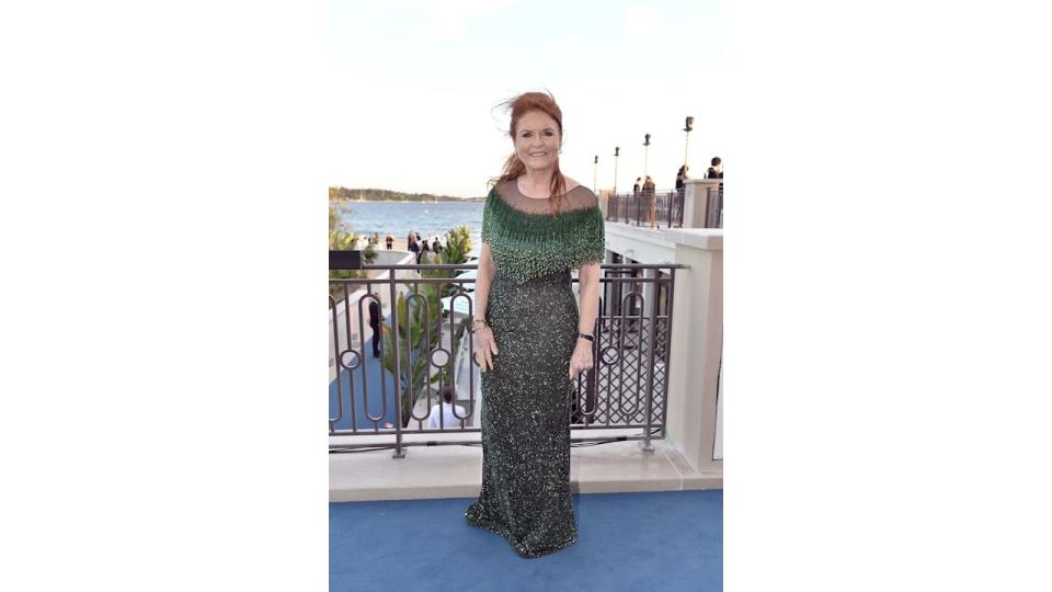 Sarah Ferguson on rooftop in green sparkly dress