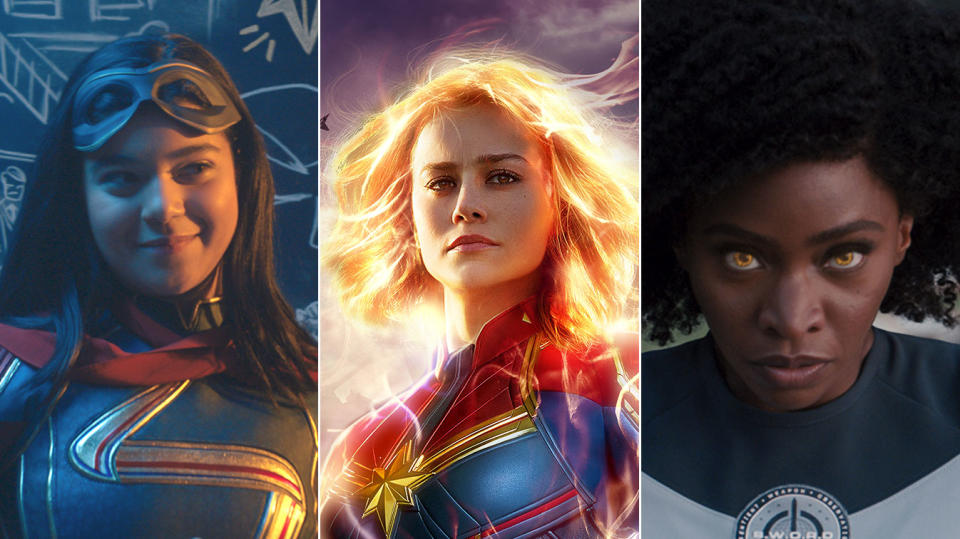 Iman Vellani, Brie Larson, and Teyonah Parris will team up in The Marvels. (Marvel Studios)