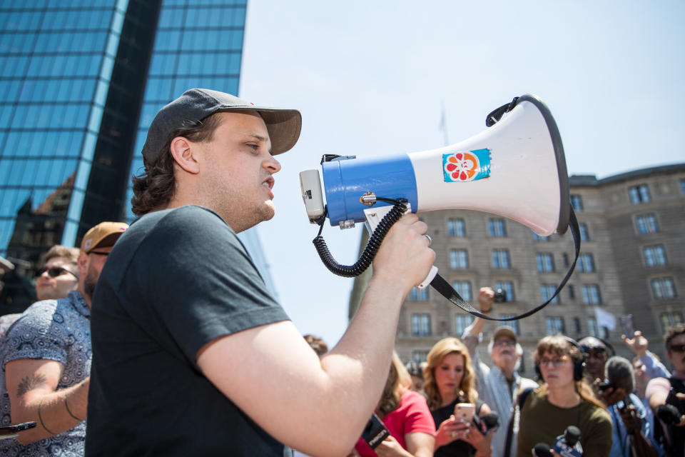 BOSTON, MA - JUNE 26:  A Wayfair employee speaks to the crowd during the Wayfair walkout in Copley Square on June 26, 2019 in Boston, Massachusetts. Wayfair sold more than $200,000 in bedroom furniture to a Texas detention facility for migrant children.  (Photo by Scott Eisen/Getty Images)