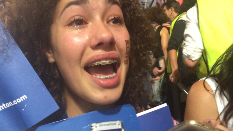 Teenager Victoria Sanchez talks to reporters following Hillary Clinton's acceptance speech at the Democratic National Convention on July 28, 2016. (Photo: Hunter Walker for Yahoo News)