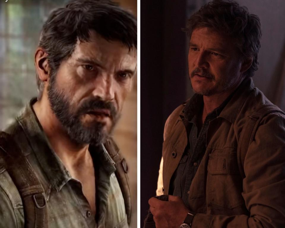 Side by side image of Joel in The Last of Us game and TV show