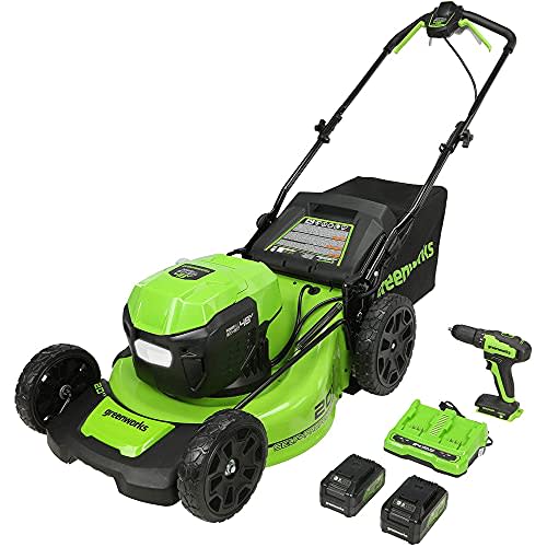 Greenworks 24V 20-Inch Self-Propelled Lawn Mower with Two 5Ah USB Batteries, Charger, & 24V Drill