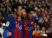 Soccer Football - Barcelona v Sevilla - Spanish La Liga Santander - Camp Nou stadium, Barcelona, Spain - 5/04/2017. Barcelona's Neymar, Luis Suarez and Lionel Messi celebrate a goal against Sevilla. REUTERS/Albert Gea