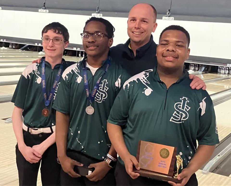 NJSIAA individual bowling finals at Bowlero North Brunswick on Thursday, Feb. 29, 2024. St. Joseph had 3 of the 5 stepladder finalists in the boys division. From left: Josh Lamoreaux (5th), Will Cunningham (2nd), coach Rusty Thomsen and champion Kai Strothers.