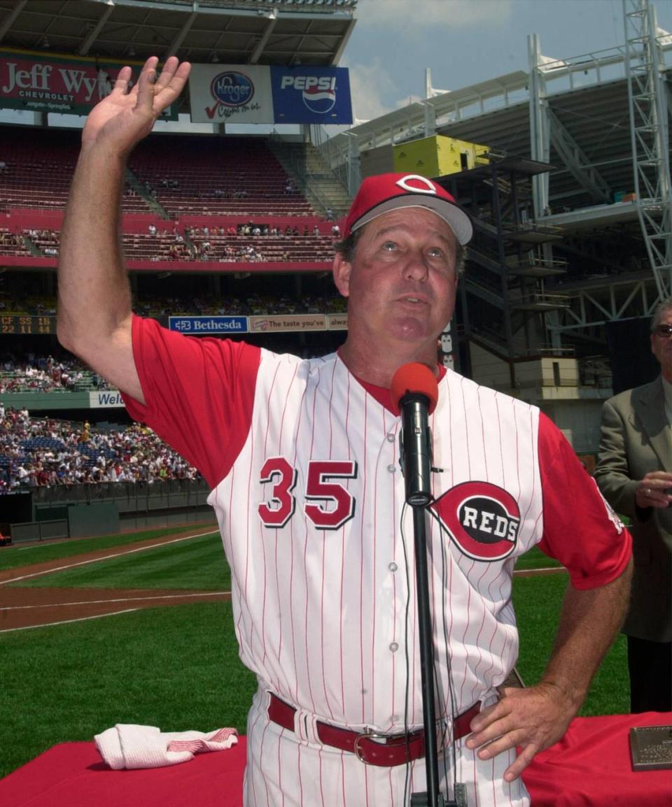 Don Gullett waves to the crowd after he was inducted into the Cincinnati Reds Hall of Fame in 2002. A Kentucky native, Gullett played for four consecutive World Series champions in the 1970s. He died Wednesday at age 73.