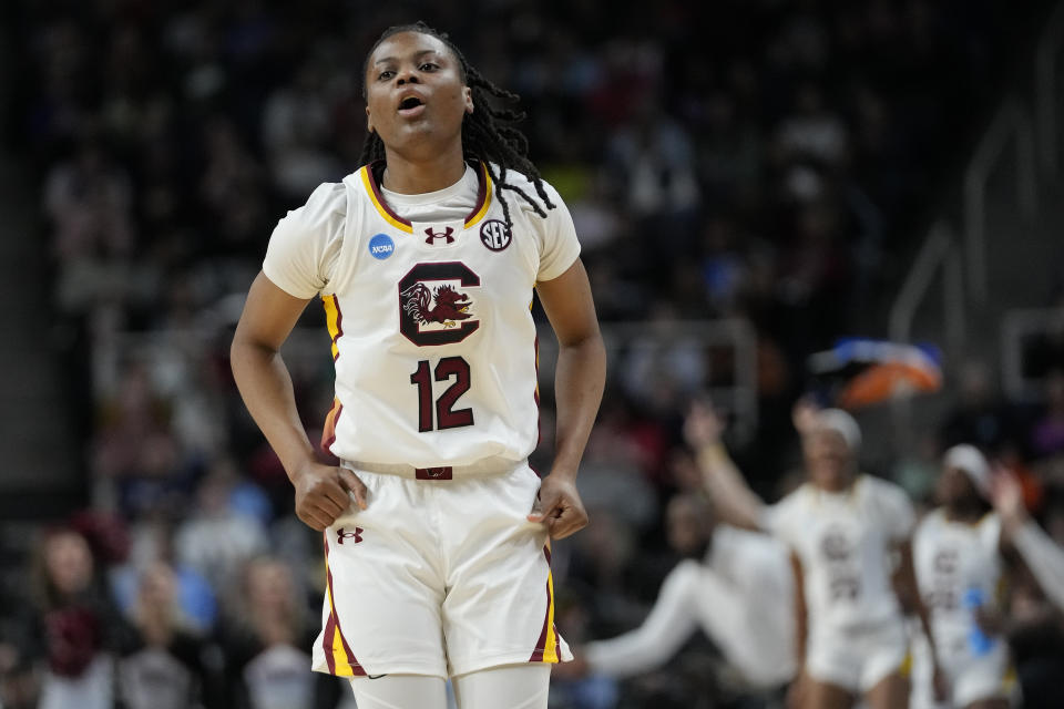 South Carolina guard MiLaysia Fulwiley (12) reacts during the first half of a Sweet Sixteen round college basketball game against the Indiana during the NCAA Tournament, Friday, March 29, 2024, in Albany, N.Y. (AP Photo/Mary Altaffer)