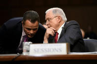 <p>Attorney General Jeff Sessions(R) testifies during a US Senate Select Committee on Intelligence hearing on Capitol Hill in Washington, DC, June 13, 2017. (Photo: Saul Loeb/AFP/Getty Images) </p>