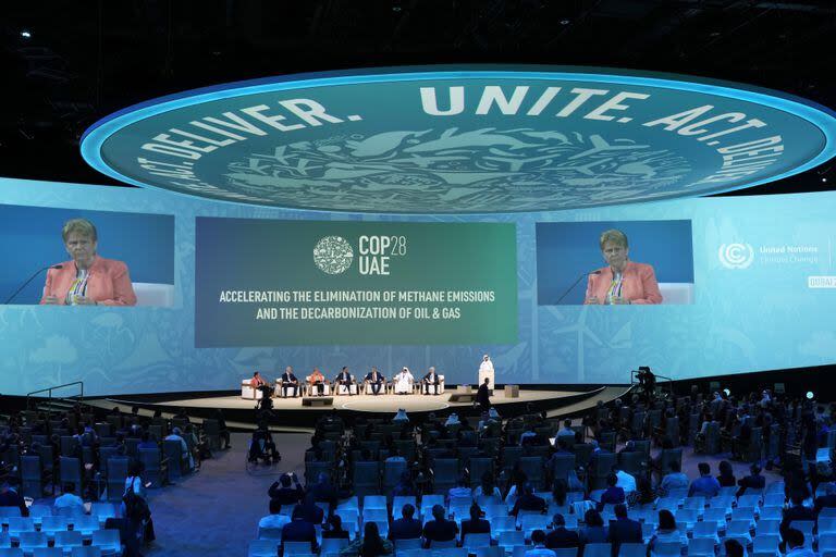 Vicki Hollub, president CEO Occidental, speaks during a session on eliminating methane emissions at the COP28 U.N. Climate Summit, Tuesday, Dec. 5, 2023, in Dubai, United Arab Emirates. (AP Photo/Rafiq Maqbool)