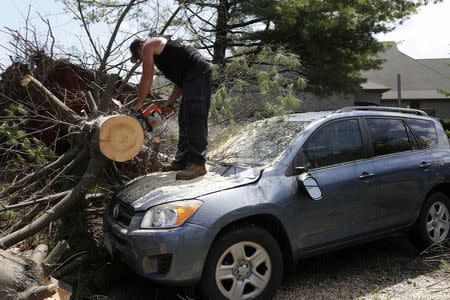 A worker cuts a tree from on top of a storm-damaged car on Beach Street in Revere, Massachusetts, July 28, 2014. REUTERS/Dominick Reuter