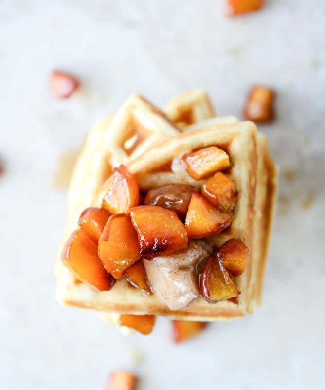 Vanilla Yeasted Waffles with Roasted Peach Maple Syrup