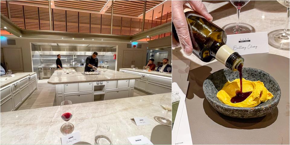 composite of restaurant and person pouring oil into ice cream on  Silversea's Silver Ray cruise ship