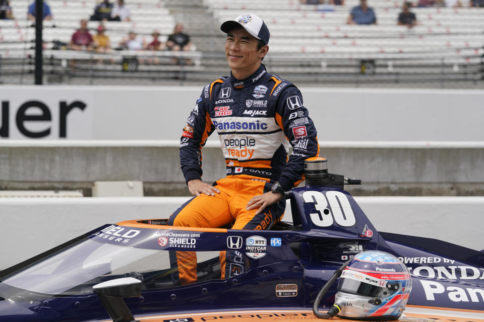 Takuma Sato, of Japan, poses for a photo during qualifications for the Indianapolis 500 auto race at Indianapolis Motor Speedway, Saturday, May 22, 2021, in Indianapolis. (AP Photo/Darron Cummings)