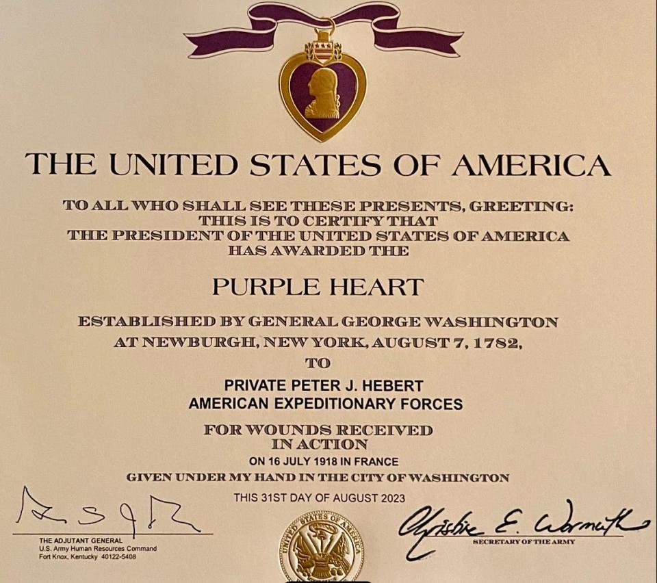 This government document states that Peter J. Hebert of Taunton has posthumously been awarded the Army's Purple Heart.