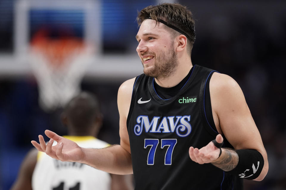 DALLAS, TEXAS - DECEMBER 06: Luka Doncic #77 of the Dallas Mavericks reacts after being called for a technical foul during the second half against the Utah Jazz at American Airlines Center on December 06, 2023 in Dallas, Texas. NOTE TO USER: User expressly acknowledges and agrees that, by downloading and/or using this Photograph, user is consenting to the terms and conditions of the Getty Images License Agreement. (Photo by Sam Hodde/Getty Images)