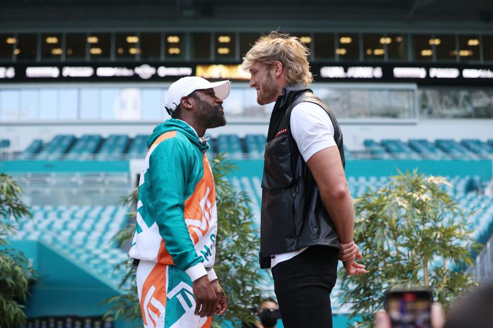 Floyd Mayweather and Logan Paul face off during media availability prior to their June 6 match.