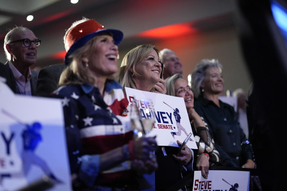 Supporters of Republican U.S. Senate candidate Steve Garvey listen to him speak during his election night party, Tuesday, March 5, 2024, in Palm Desert, Calif. (AP Photo/Gregory Bull)