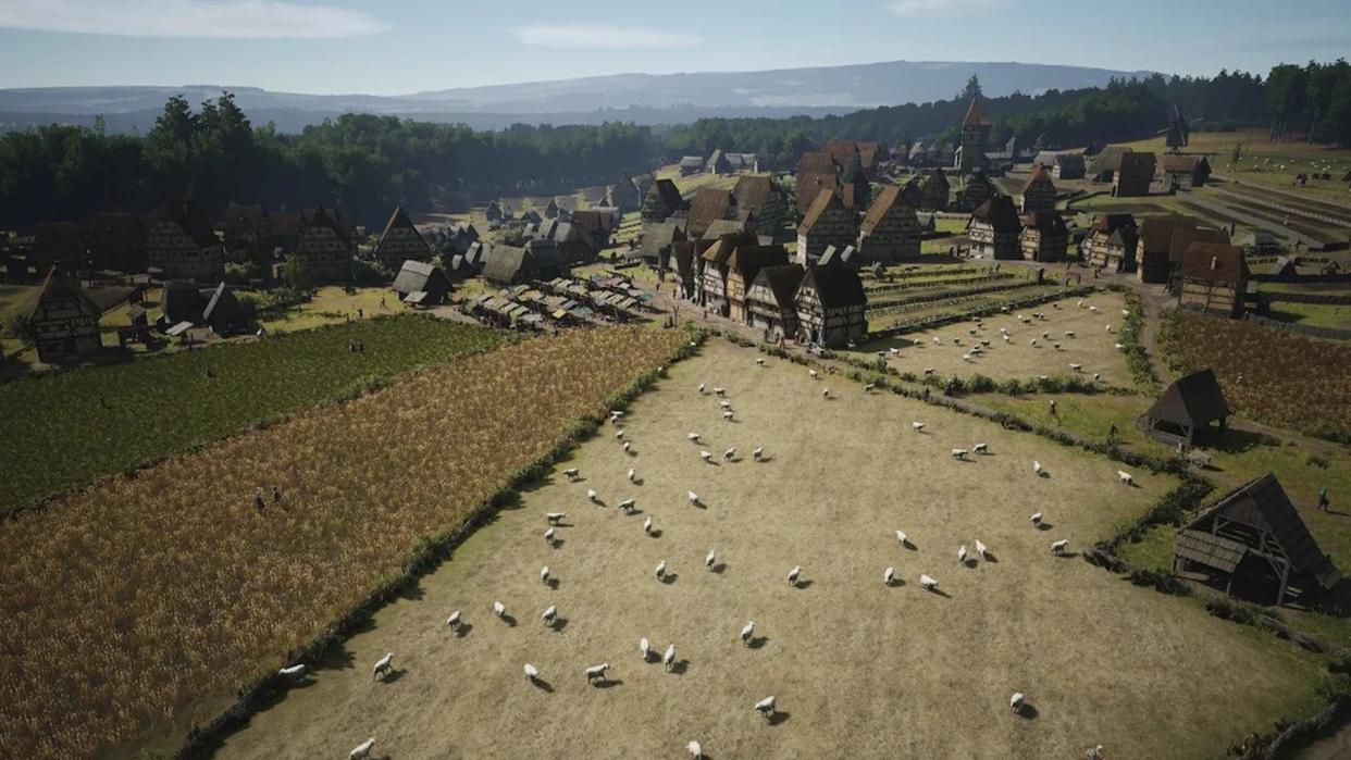  Top-down shot of a Manor Lords village overrun with sheep. 