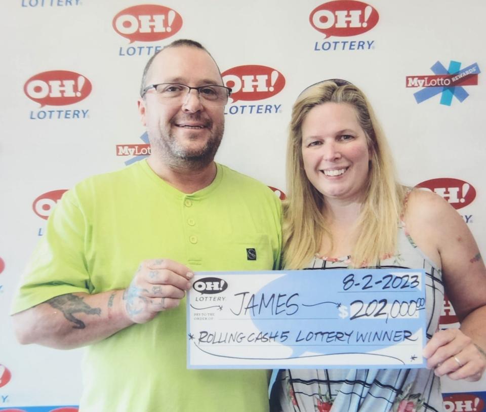 Jim and Amanda Cox of Dover won $202,000 in the Rolling Cash 5 drawing of the Ohio Lottery on Monday.