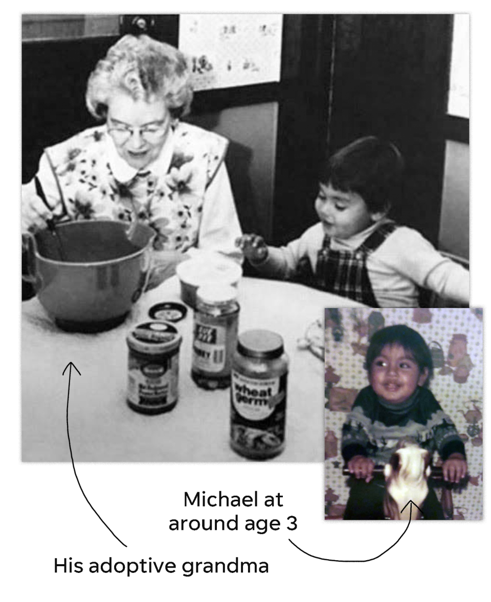 Michael Libberton and his adoptive grandmother sit together at a table when Michael was a child.