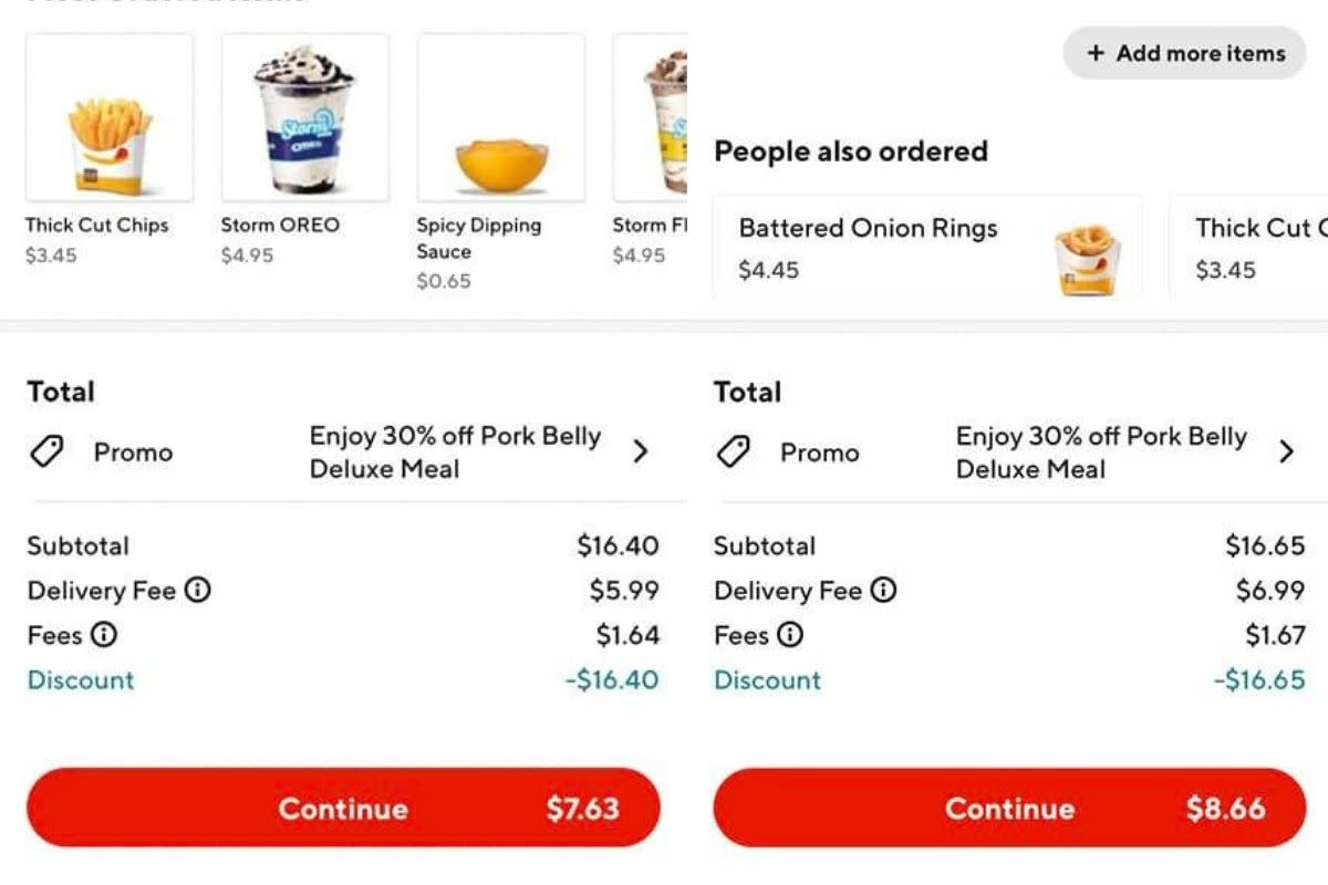 Screenshots of customers' Hungry Jack's DoorDash orders