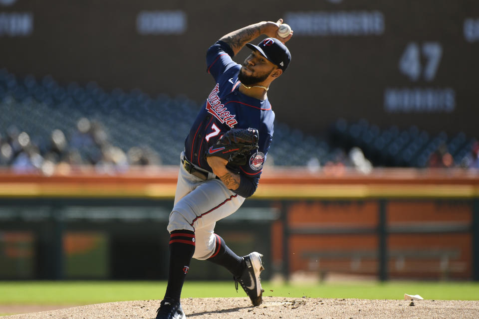 Minnesota Twins starting pitcher Simeon Woods Richardson throws against the Detroit Tigers during the first inning of a baseball game, Sunday, Oct. 2, 2022, in Detroit. (AP Photo/Jose Juarez)