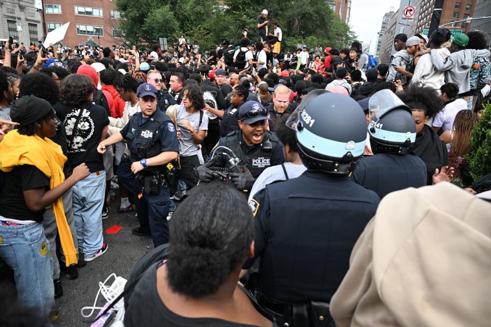 Members of the NYPD respond to the disruptions caused by large crowds during a "giveaway" event hosted by popular Twitch live streamer Kai Cenat in Union Square and the surrounding area on August 4, 2023 in New York City.