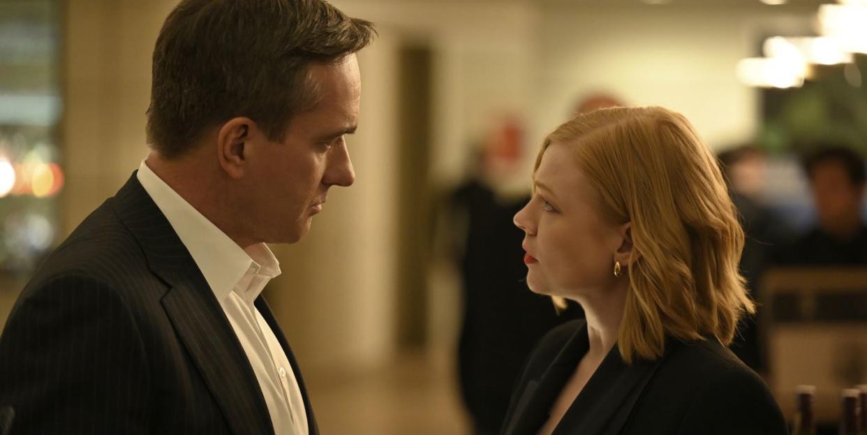 sarah snook and matthew macfadyen stare at each other as shiv and tom in episode 407 of “succession”