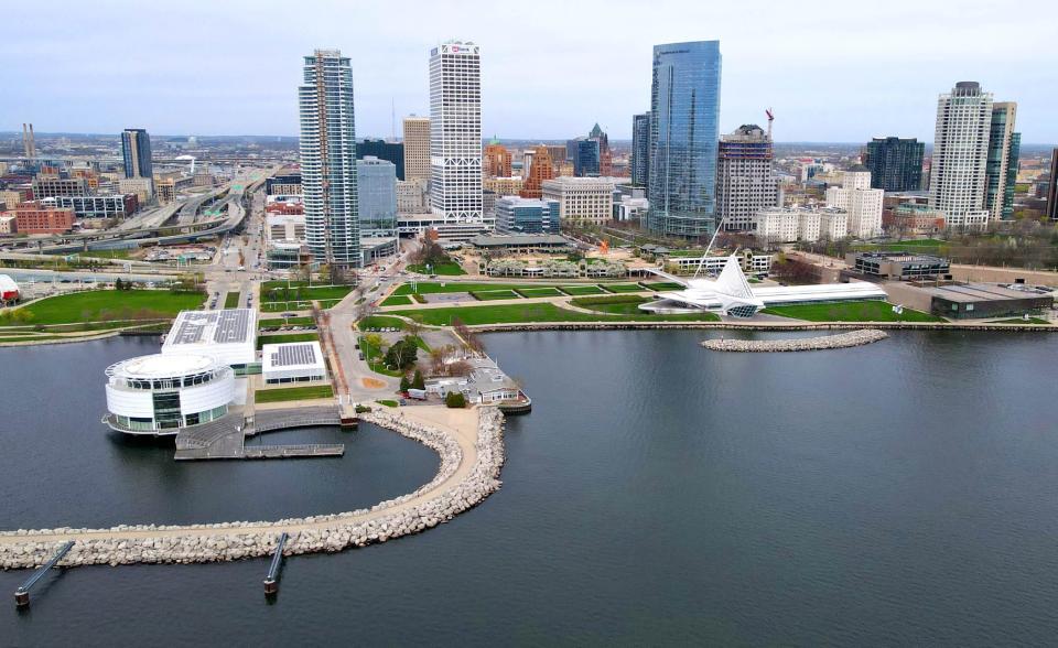 The Milwaukee skyline in Milwaukee on Tuesday, April 23, 2024.Included are Discover World the new Couture, the US Bank building, and Northwestern Mutual.