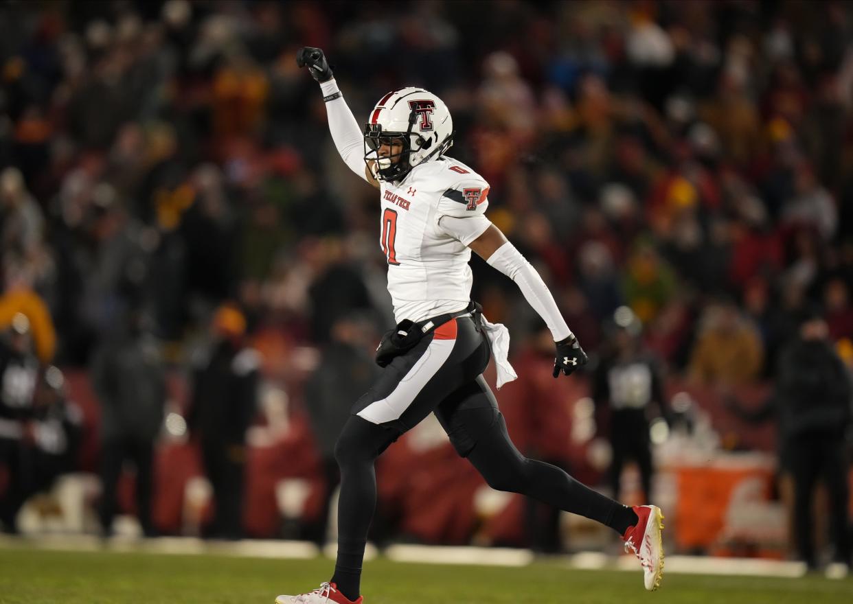 Texas Tech defensive back Rayshad Williams celebrates after making a defensive stop against Iowa State during a NCAA football game on Saturday, Nov. 19, 2022, at Jack Trice Stadium in Ames.