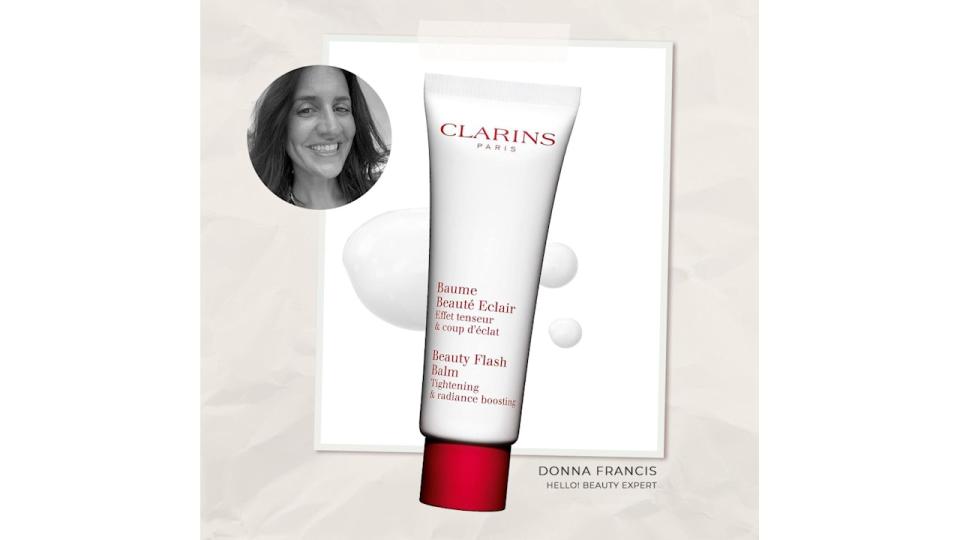 collage of headshot and clarins beauty flash balm