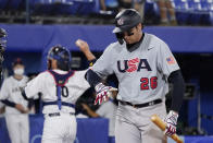 United States' Triston Casas walks to the dugout after striking out in the ninth inning of a baseball game against Japan at the 2020 Summer Olympics, Monday, Aug. 2, 2021, in Yokohama, Japan. (AP Photo/Sue Ogrocki)