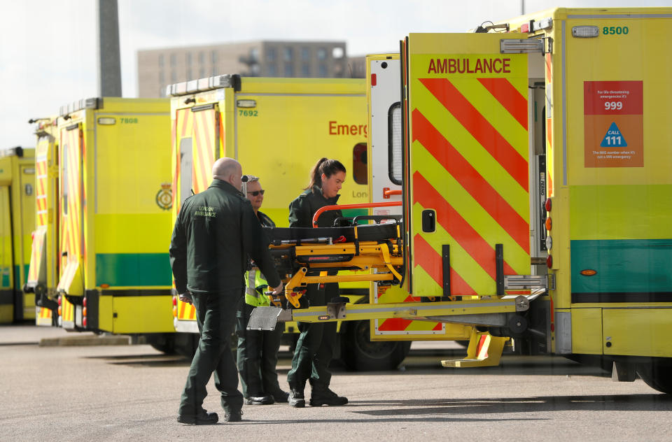  Medical staff prepare a ambulance at NHS Nightingale hospital as the spread of the coronavirus disease (COVID-19) continues, London, Britain, April 2, 2020. REUTERS/John Sibley