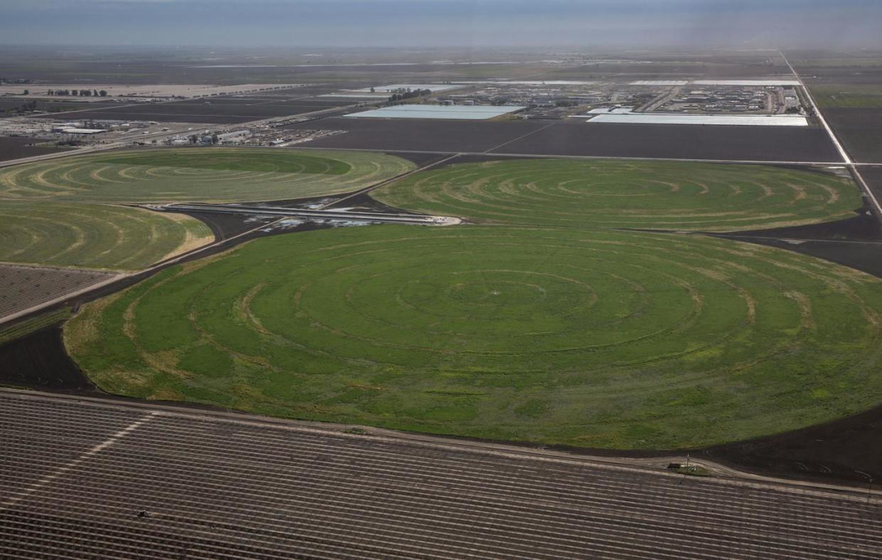 Circular irrigation for growing hay and alfalfa near Corcoran, Calif. − a water-intensive system that relies on groundwater pumping. <a href="https://www.gettyimages.com/detail/news-photo/circular-irrigation-system-for-growing-hay-and-alfalfa-is-news-photo/1482425392" rel="nofollow noopener" target="_blank" data-ylk="slk:George Rose/Getty Images;elm:context_link;itc:0;sec:content-canvas" class="link ">George Rose/Getty Images</a>