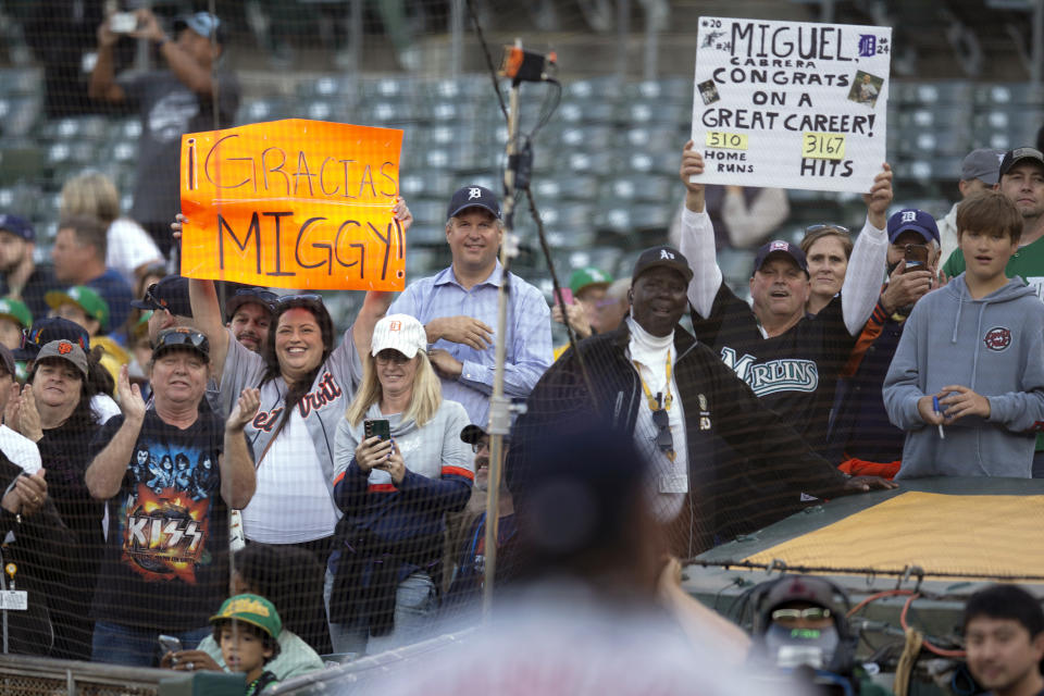 Detroit Tigers fans acknowledge Miguel Cabrera after a presentation by the Oakland Athletics before a baseball game Thursday, Sept. 21, 2023, in Oakland, Calif. Cabrera has announced his retirement at the end of the season. (AP Photo/D. Ross Cameron)