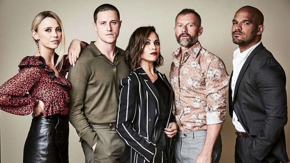 The cast of the second season of the Wilmington-shot drug/crime drama "Hightown," which premiered on the Starz network Sunday, Oct. 17. From left, Riley Voelkel, Shane Harper, Monica Raymund, James Badge Dale and Amaury Nolasco.