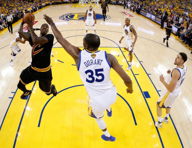Kevin Durant has played excellent defense in the first two games of the NBA Finals. (AP)