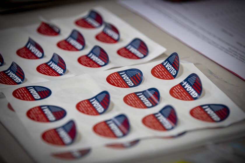 La Habra Heights, CA - June 07: Vote stickers await voters in the California primary at The Park in La Habra Heights Tuesday, June 7, 2022. (Allen J. Schaben / Los Angeles Times)