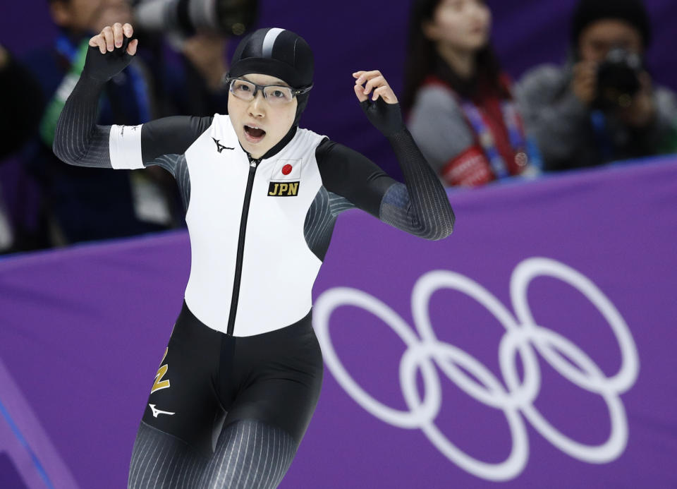 Japan’s Nao Kodaira celebrates after setting a new Olympic record in the women’s 500 meters speedskating race at the Gangneung Oval at the 2018 Winter Olympics in Gangneung, South Korea, Sunday, Feb. 18, 2018. (AP Photo/Vadim Ghirda)