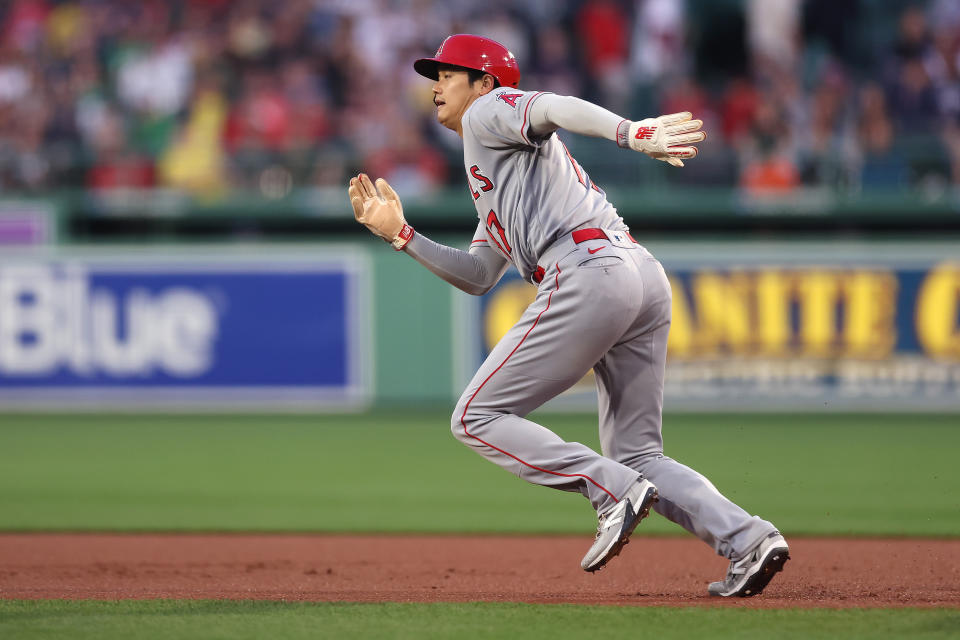 BOSTON, MASSACHUSETTS - APRIL 14: Shohei Ohtani #17 of the Los Angeles Angels runs to second base during the first inning against the Boston Red Sox at Fenway Park on April 14, 2023 in Boston, Massachusetts. (Photo by Maddie Meyer/Getty Images)