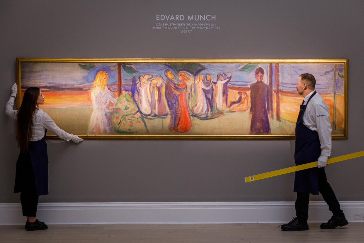 Munch’s seminal four-metre-long painting, Dance on the Beach (The Reinhardt Frieze), sold for £16.9 million (Photo by Tristan Fewings/ Sotheby’s/PA)