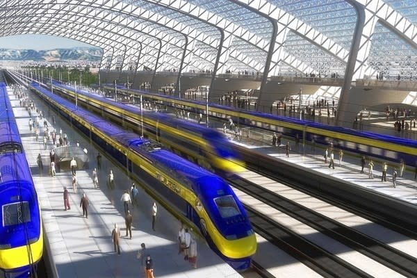 An artist's rendering of a proposed California high speed rail station is shown.