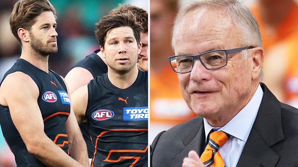 GWS Giants players Callan Ward and Toby Greene are pictured left, with GWS club chairman Tony Shepherd on the right.