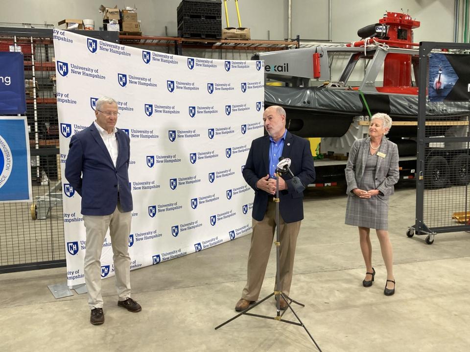 The University of New Hampshire and the National Oceanic and Atmospheric Administration announce they will be opening a Center of Excellence for Operational Ocean and Great Lakes Mapping at the university's flagship Durham campus. From left to right are Larry Mayer, director of UNH's Center for Coastal & Ocean Mapping and the school's Joint Hydrographic Center co-director; Rick Spinrad, NOAA’s administrator; and Marian McCord, the school’s senior vice provost for research, economic engagement and outreach, in Durham on Tuesday, Sept. 19, 2023.