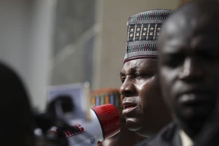 Kashim Shettima, the governor of Borno state, addresses a protest rally by Nigerians demanding the release of the school girls abducted from the remote village of Chibok, in Asokoro, Abuja in this May 13, 2014 file photo. REUTERS/Afolabi Sotunde/Files