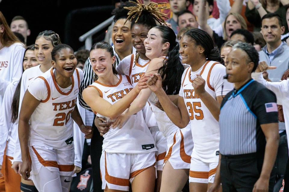 Texas players celebrate the Longhorns' win over Iowa State in the Big 12 Tournament championship game last Tuesday. The win helped push Texas past Stanford for the final No. 1 seed in the NCAA Women's Tournament.