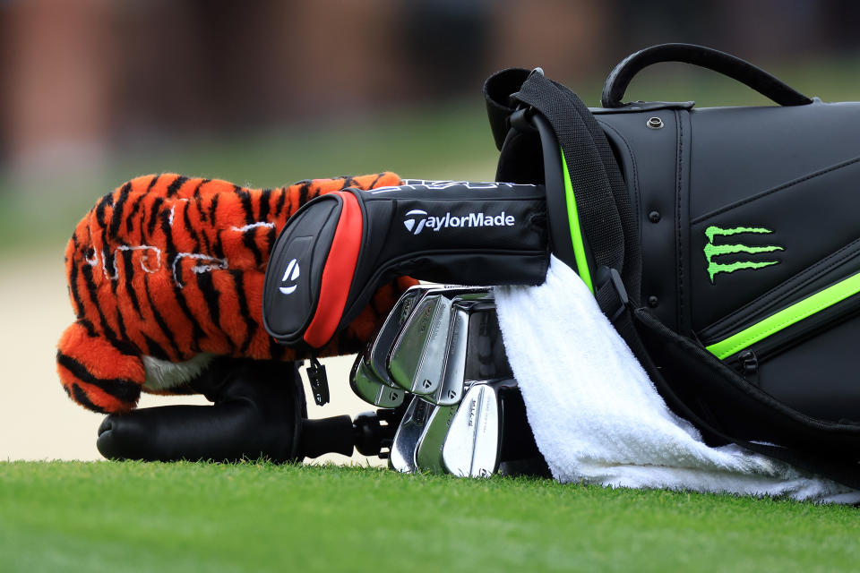 AUGUSTA, GEORGIA - APRIL 06: A detail of the clubs of Tiger Woods of the United States during a practice round prior to the Masters at Augusta National Golf Club on April 06, 2022 in Augusta, Georgia. (Photo by David Cannon/Getty Images)
