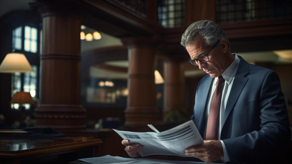 A small business owner examining a portfolio of trust services from the regional bank.